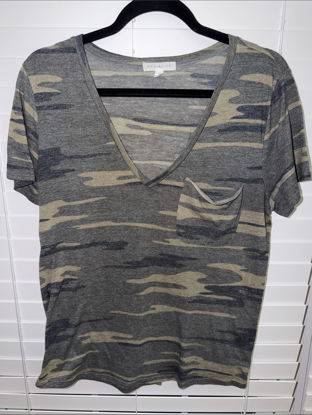 Socialite Olive & Gray Camo V-Neck Pocket Tee